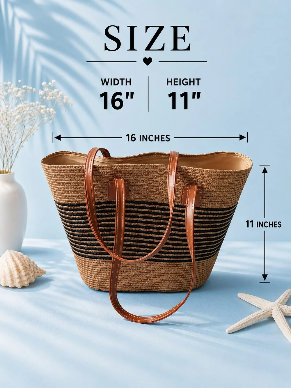 2- Piece Straw Beach Tote  & Hat with Black Stripe and Leather Handles
